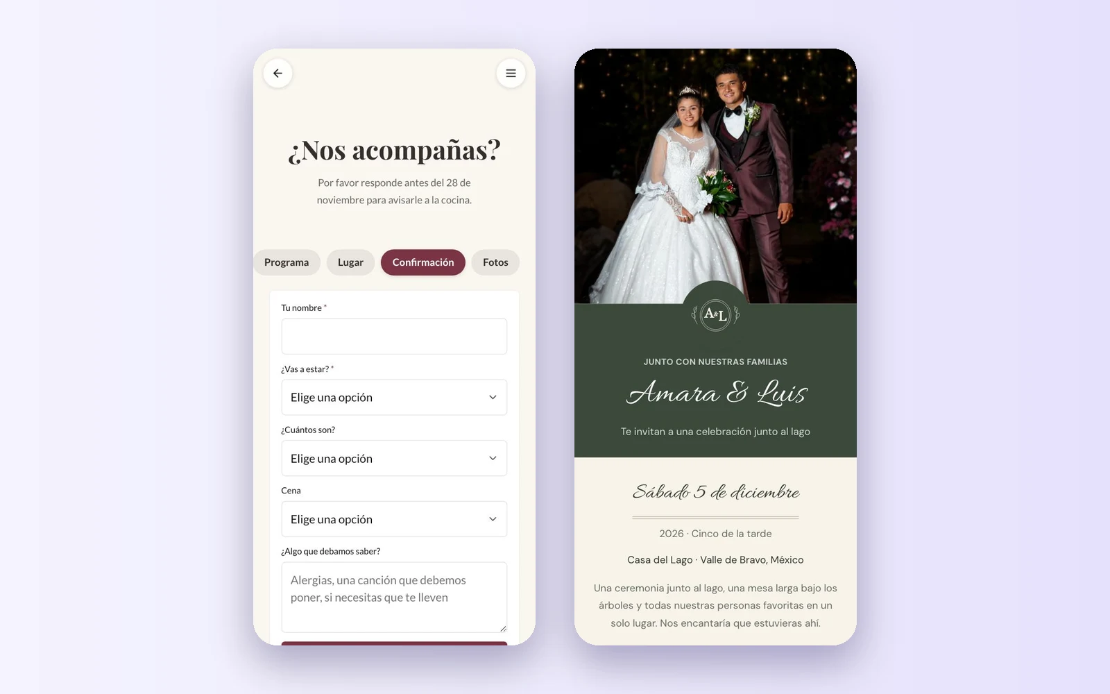 La página de confirmación de la plantilla Boda junto a la Invitación de boda de una sola página