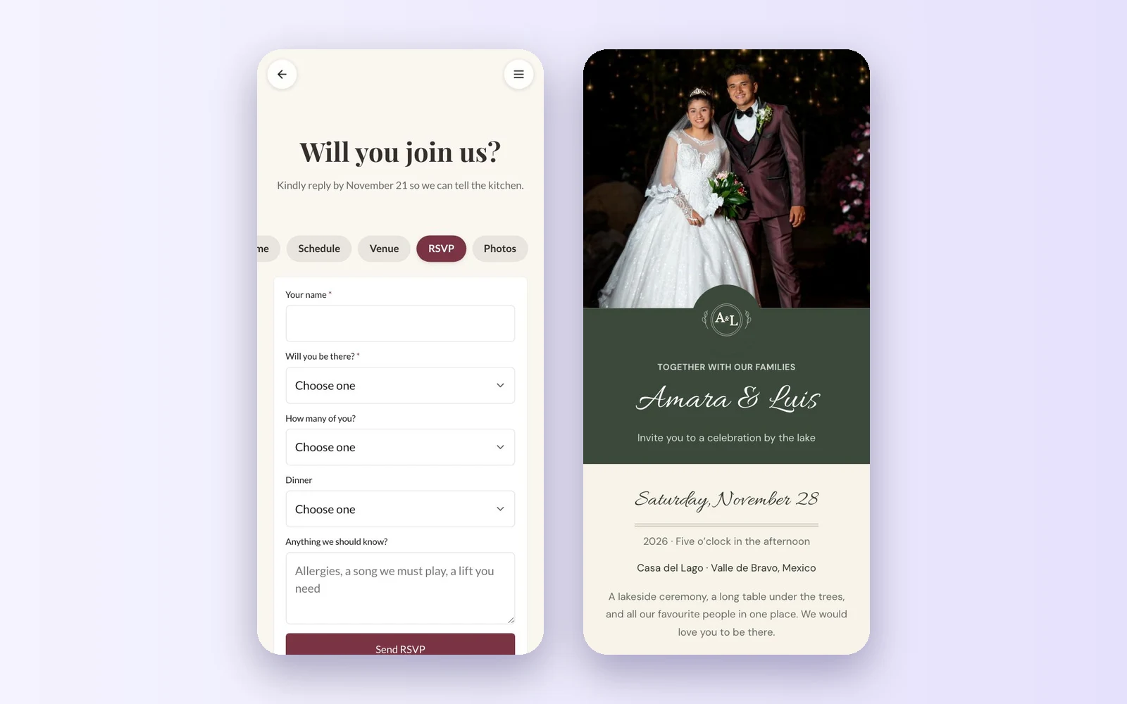 The RSVP page of the Wedding template next to the one page Wedding Invitation
