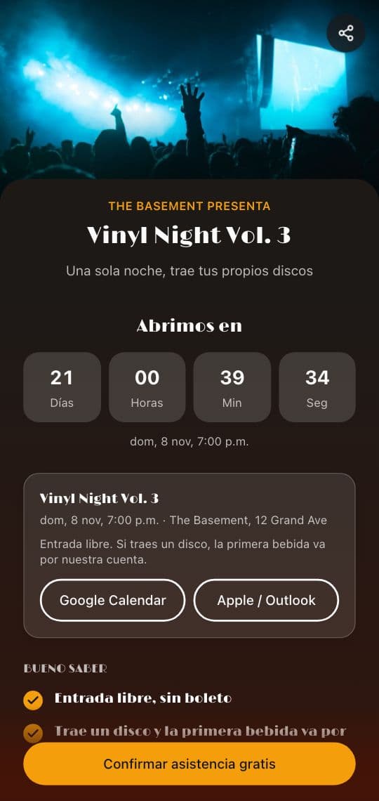Plantilla de KuikPage Evento