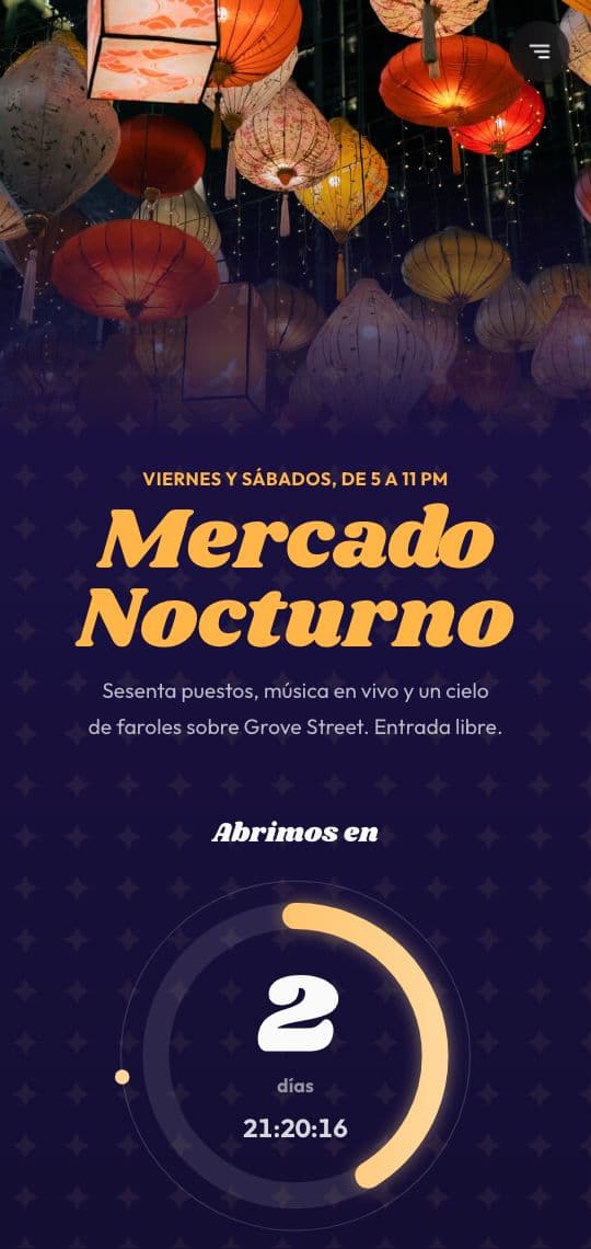 Plantilla de KuikPage Mercado nocturno en un teléfono