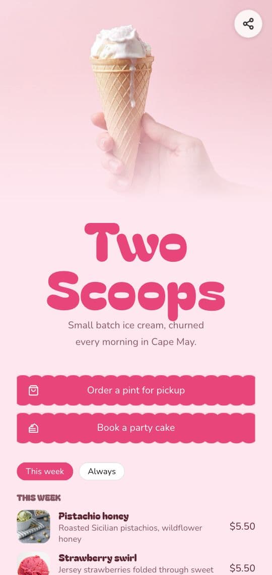 Ice Cream Shop KuikPage template on a phone